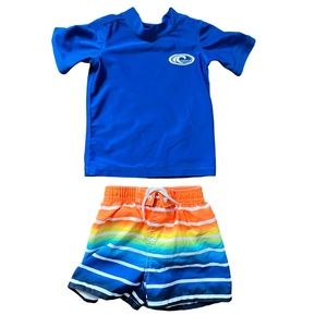 Koala Kids Blue Rash Guard & Rainbow Swim Trunks, Size 6 Months